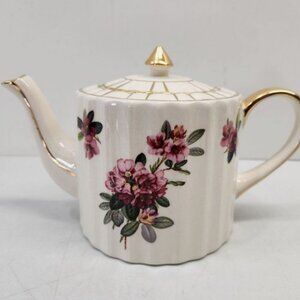 Vtg PRICE BROS England Floral Shabby Ceramic Teapot Gold Trim Cottagecore